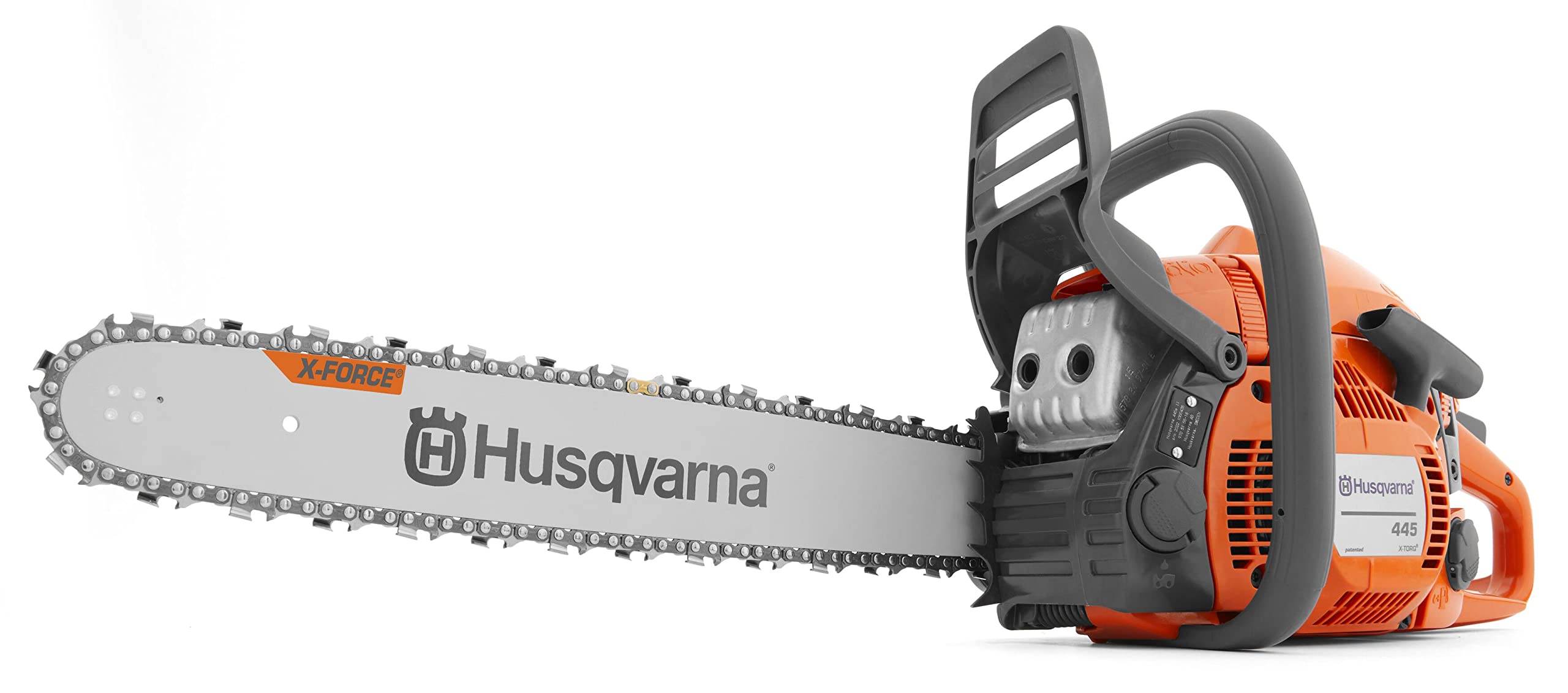 Husqvarna 445 front view showing compact body and easy handling