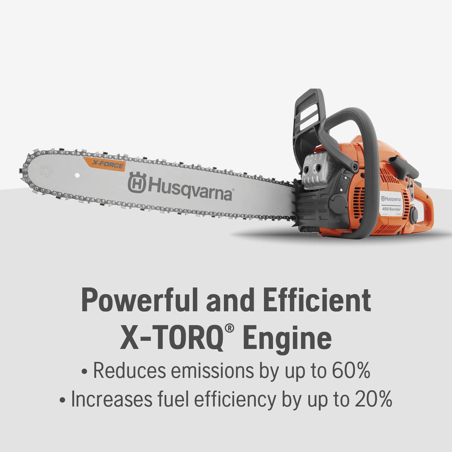 Husqvarna 450 Rancher bar and chain close-up showing sharp teeth for faster cutting