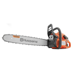 Husqvarna 450 Rancher front view showing robust saw body and bar, clear control access