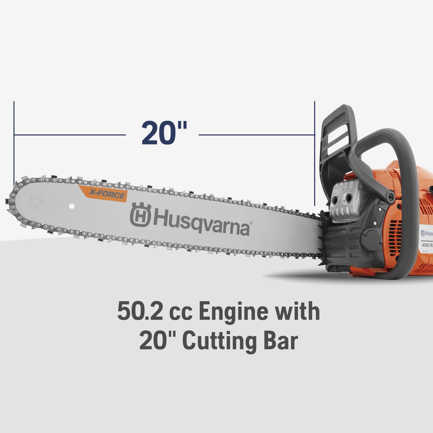 Husqvarna 450 Rancher side profile highlighting compact layout and balanced design benefit