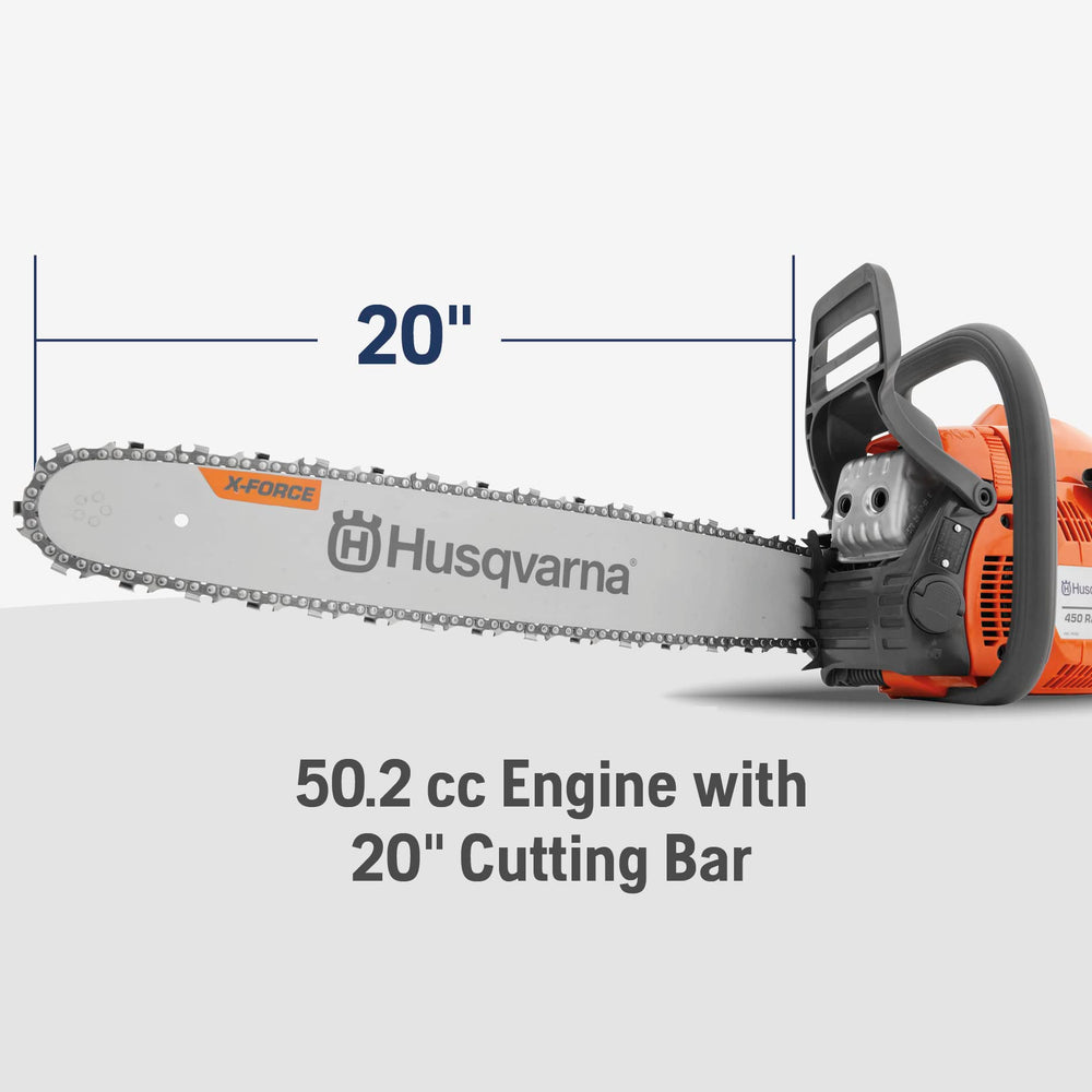 Husqvarna 450 Rancher side profile highlighting compact layout and balanced design benefit