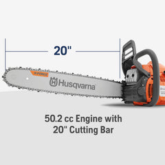 Husqvarna 450 Rancher side profile highlighting compact layout and balanced design benefit