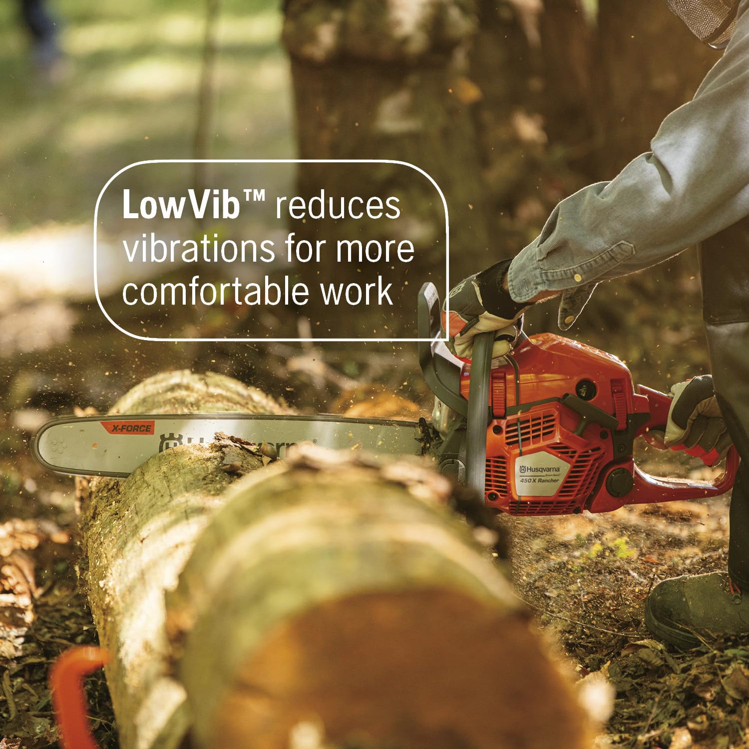 Husqvarna 450X handle with vibration dampers offering reduced user fatigue