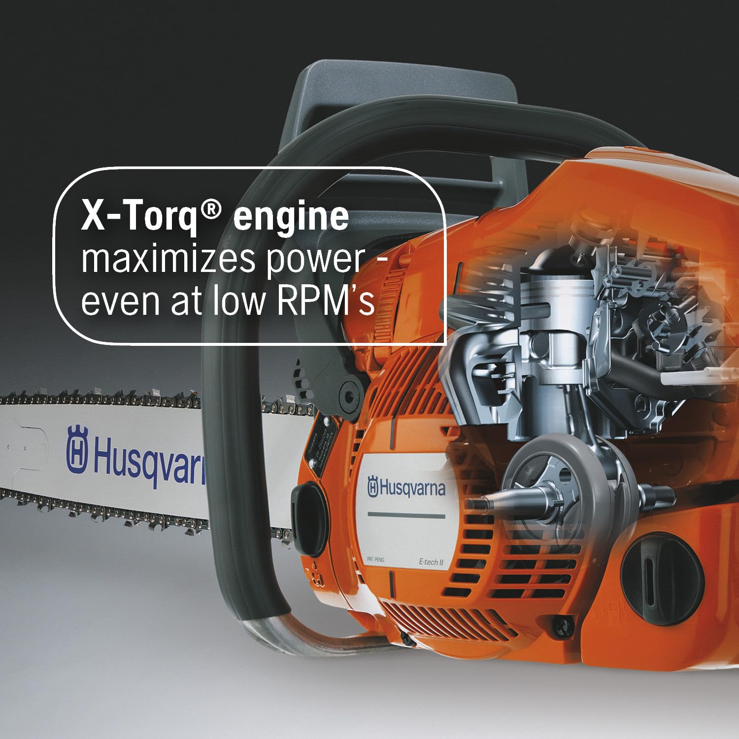 Husqvarna 450X starter handle detail showing ergonomic grip for easier starts