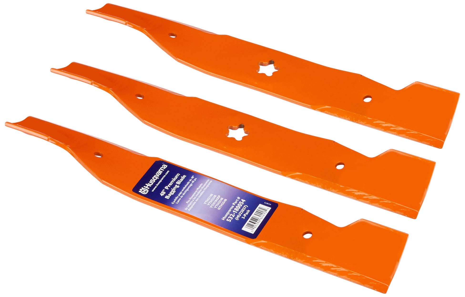 Husqvarna 48-inch blade front view showing fit and OEM marking for reliable replacement