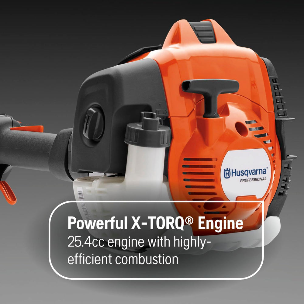 Husqvarna curved shaft close-up highlighting ergonomic grip for reduced fatigue