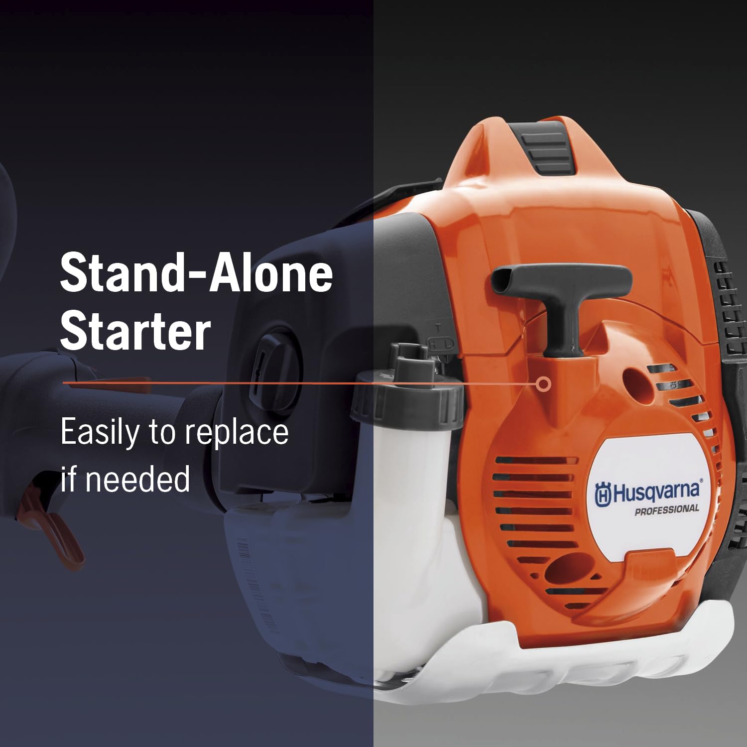Husqvarna edger next to a measuring tool showing compact size and transport benefit