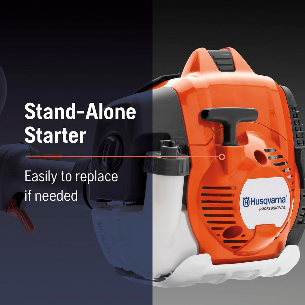 Husqvarna edger next to a measuring tool showing compact size and transport benefit