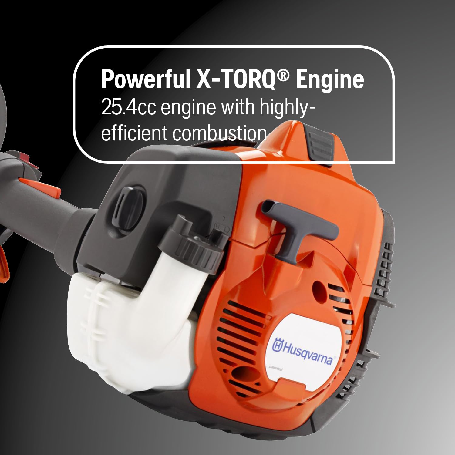Husqvarna 525L X-Torq engine label detail highlighting fuel-efficient performance