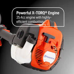 Husqvarna 525L X-Torq engine label detail highlighting fuel-efficient performance