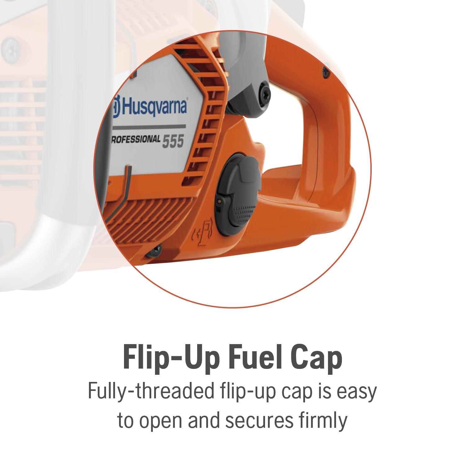 Husqvarna 555 anti-vibration handle detail reducing hand-arm fatigue during use
