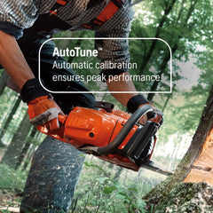 Husqvarna 555 close-up of X-Cut chain and guide bar for faster, cleaner cutting