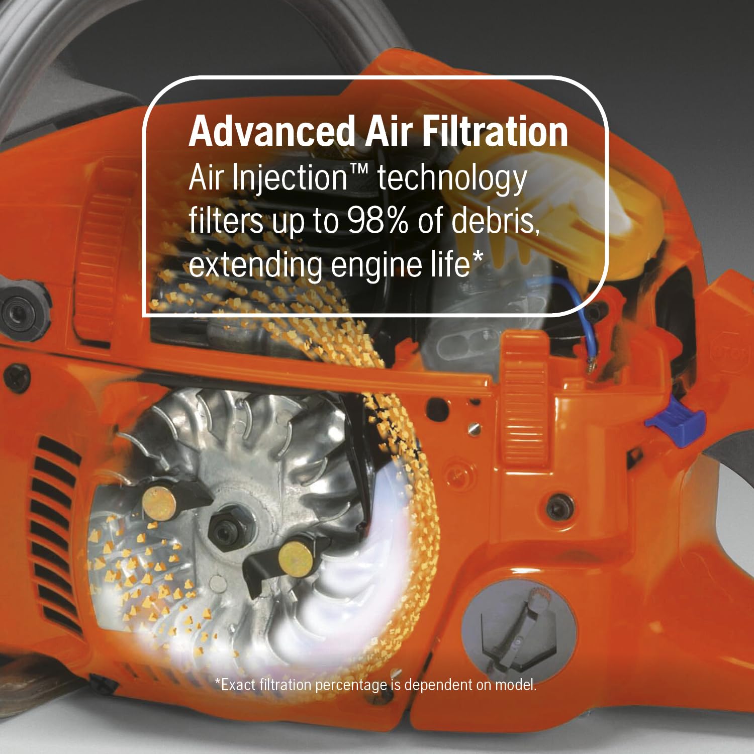 Husqvarna 555 engine side view emphasizing X-Torq power and cooling benefits