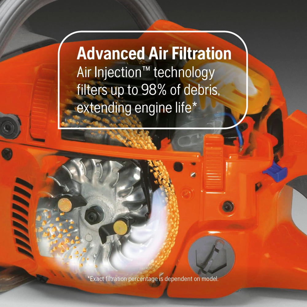 Husqvarna 555 engine side view emphasizing X-Torq power and cooling benefits