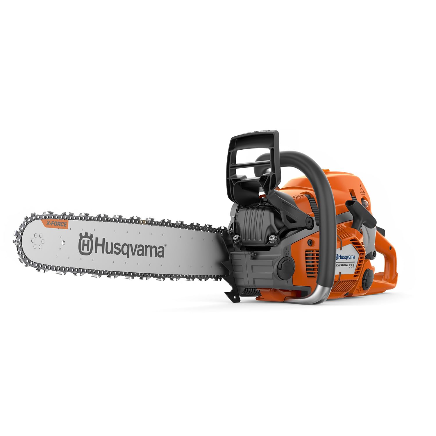 Husqvarna 555 front angle showing slim body and ergonomic grip for comfortable handling