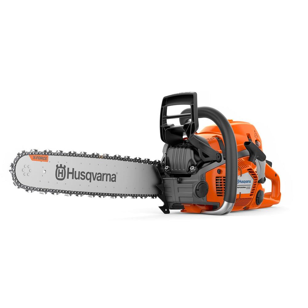 Husqvarna 555 front angle showing slim body and ergonomic grip for comfortable handling