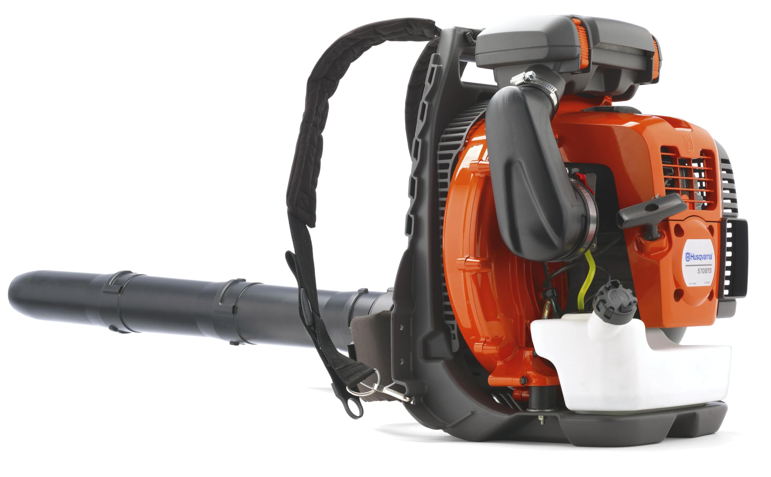 Husqvarna 570BTS front view showing compact backpack design and heavy-duty frame