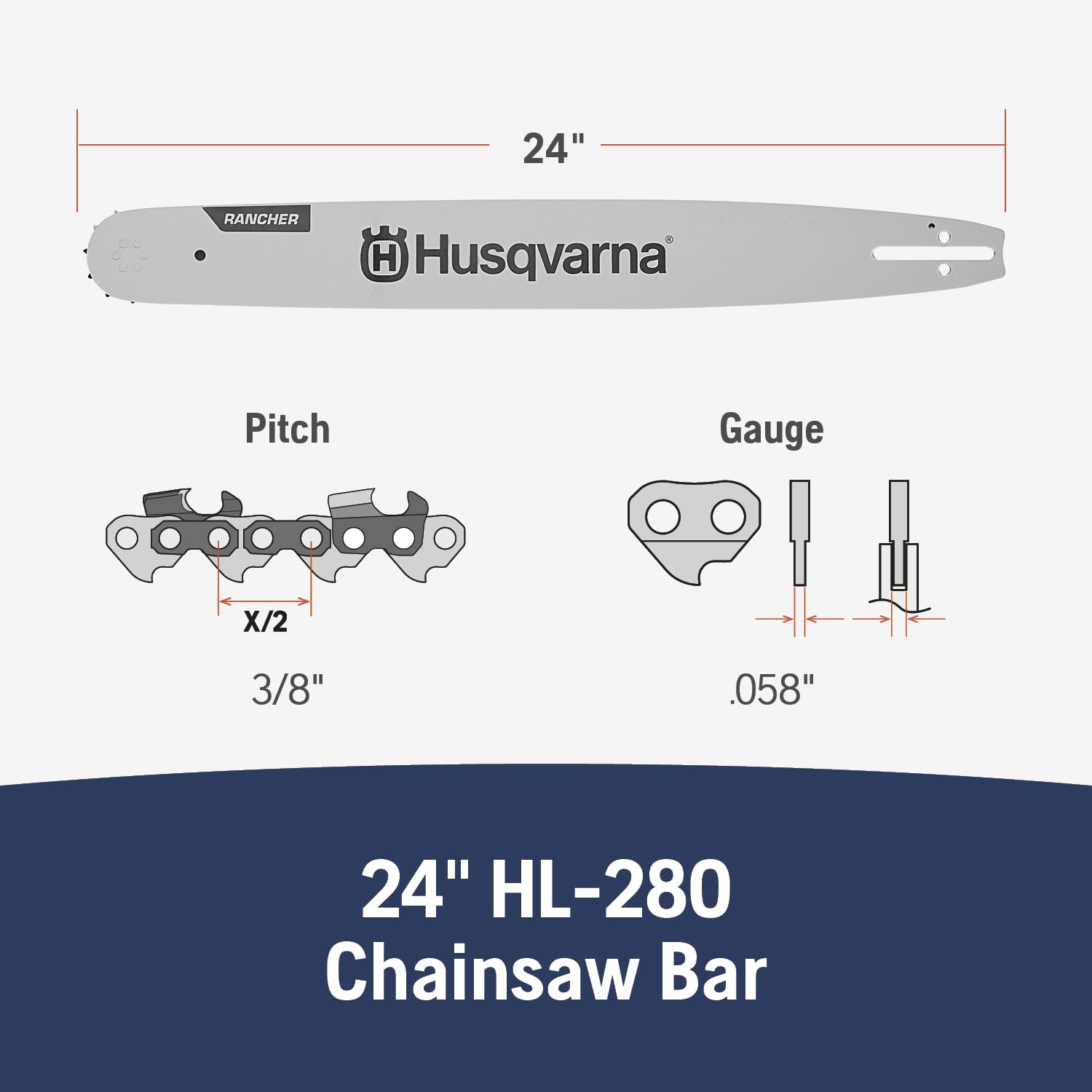 Husqvarna close-up of bar groove and stamped specs for accurate maintenance
