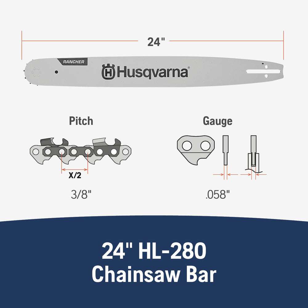 Husqvarna close-up of bar groove and stamped specs for accurate maintenance