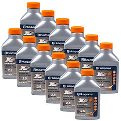Husqvarna bottle closeup with cap and label for accurate measured mixing