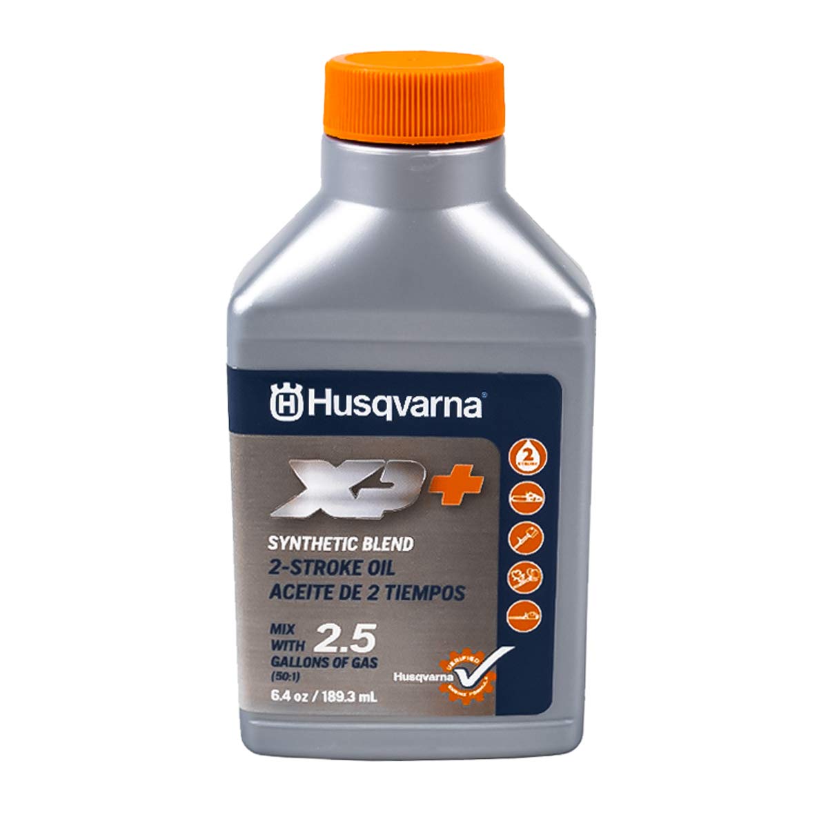 Husqvarna bottle close-up label showing OEM oil formula and easy pour nozzle benefit