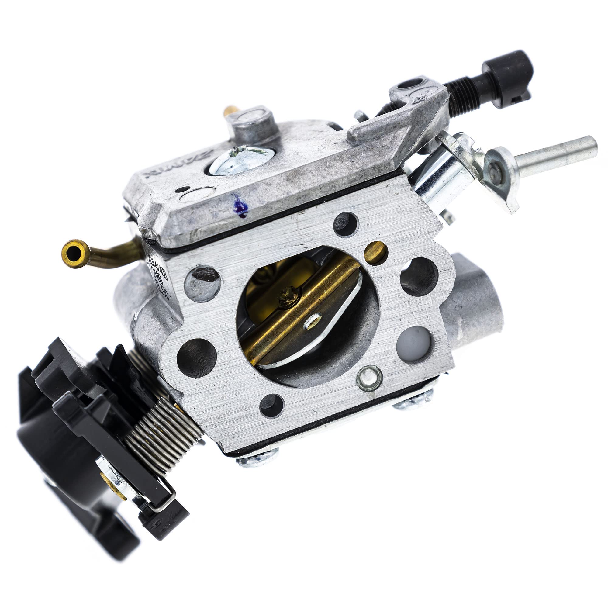 Husqvarna carburetor front view showing ports and fitment, ensures exact OEM replacement