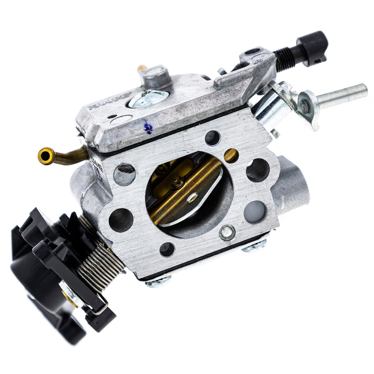 Husqvarna carburetor front view showing ports and fitment, ensures exact OEM replacement