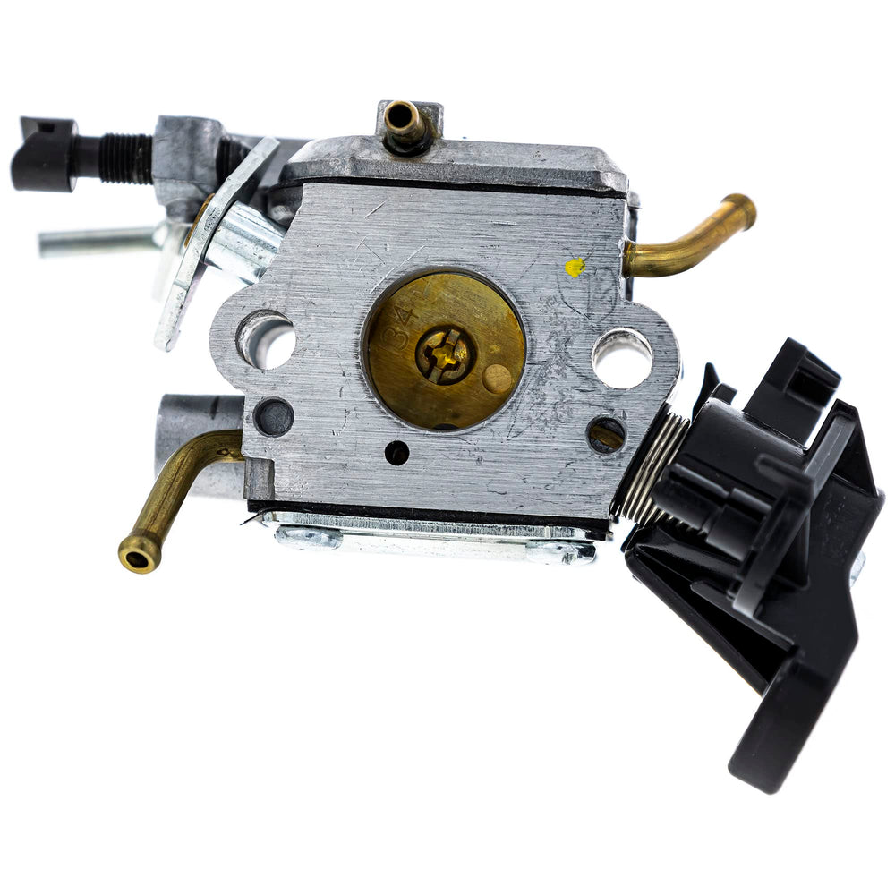Husqvarna carburetor side detail highlighting throttle linkage and precision casting benefit