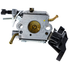 Husqvarna carburetor side detail highlighting throttle linkage and precision casting benefit
