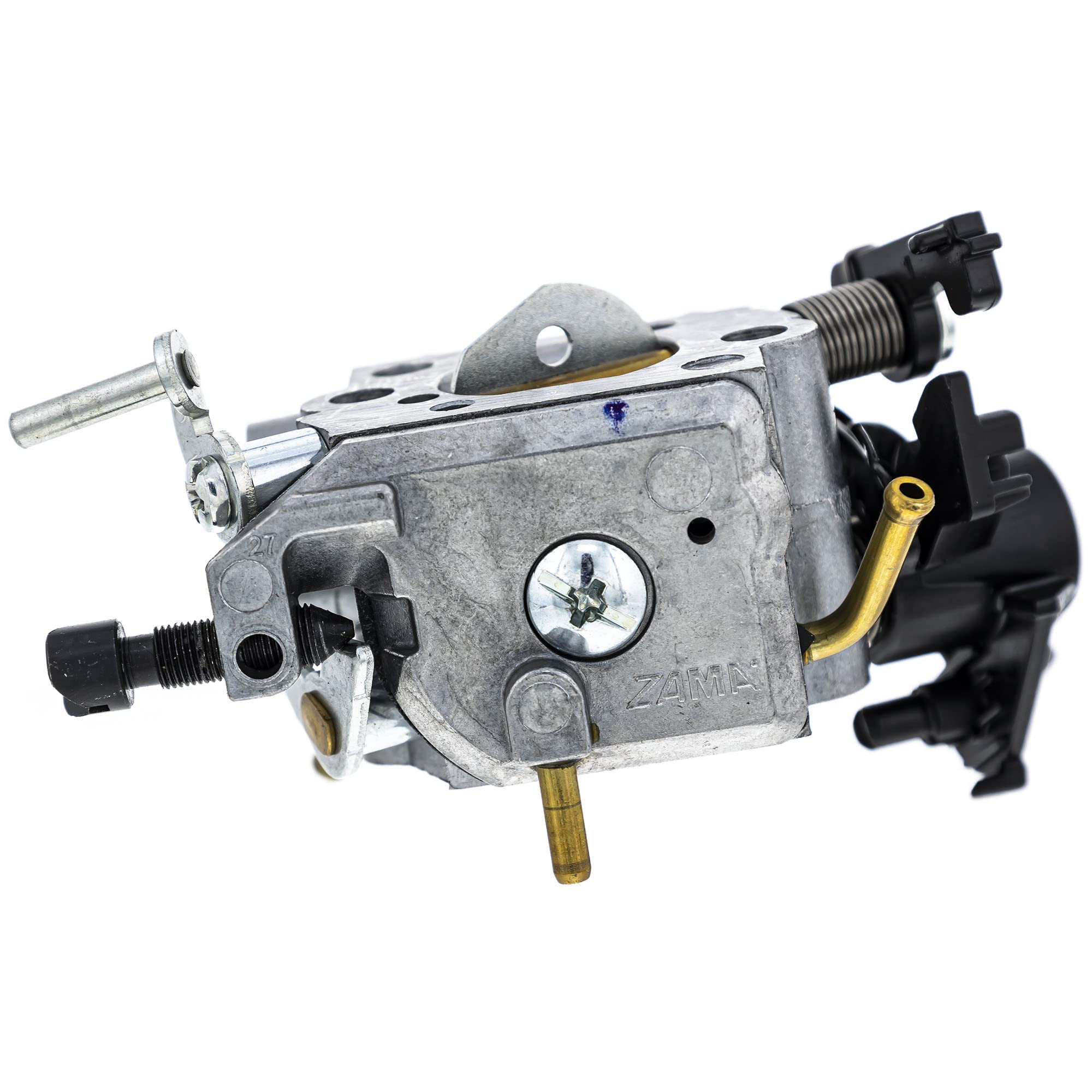 Husqvarna carburetor next to ruler showing compact size for correct model compatibility
