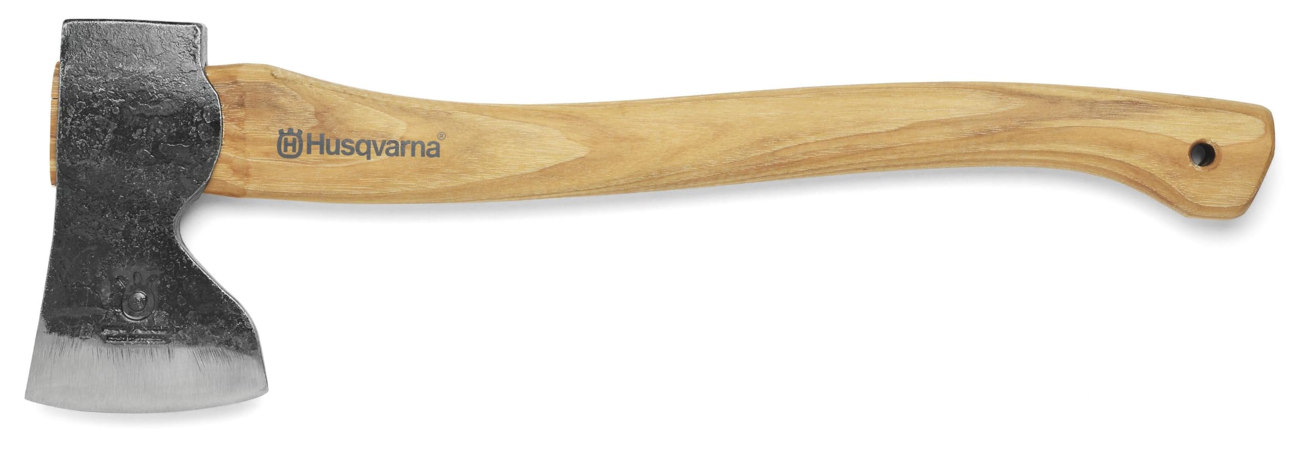 Husqvarna carpenter axe front view showing head and curved handle for accurate cuts
