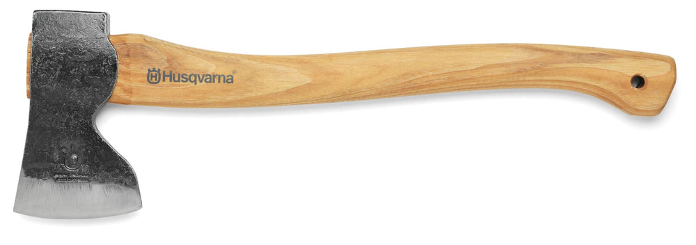 Husqvarna carpenter axe front view showing head and curved handle for accurate cuts