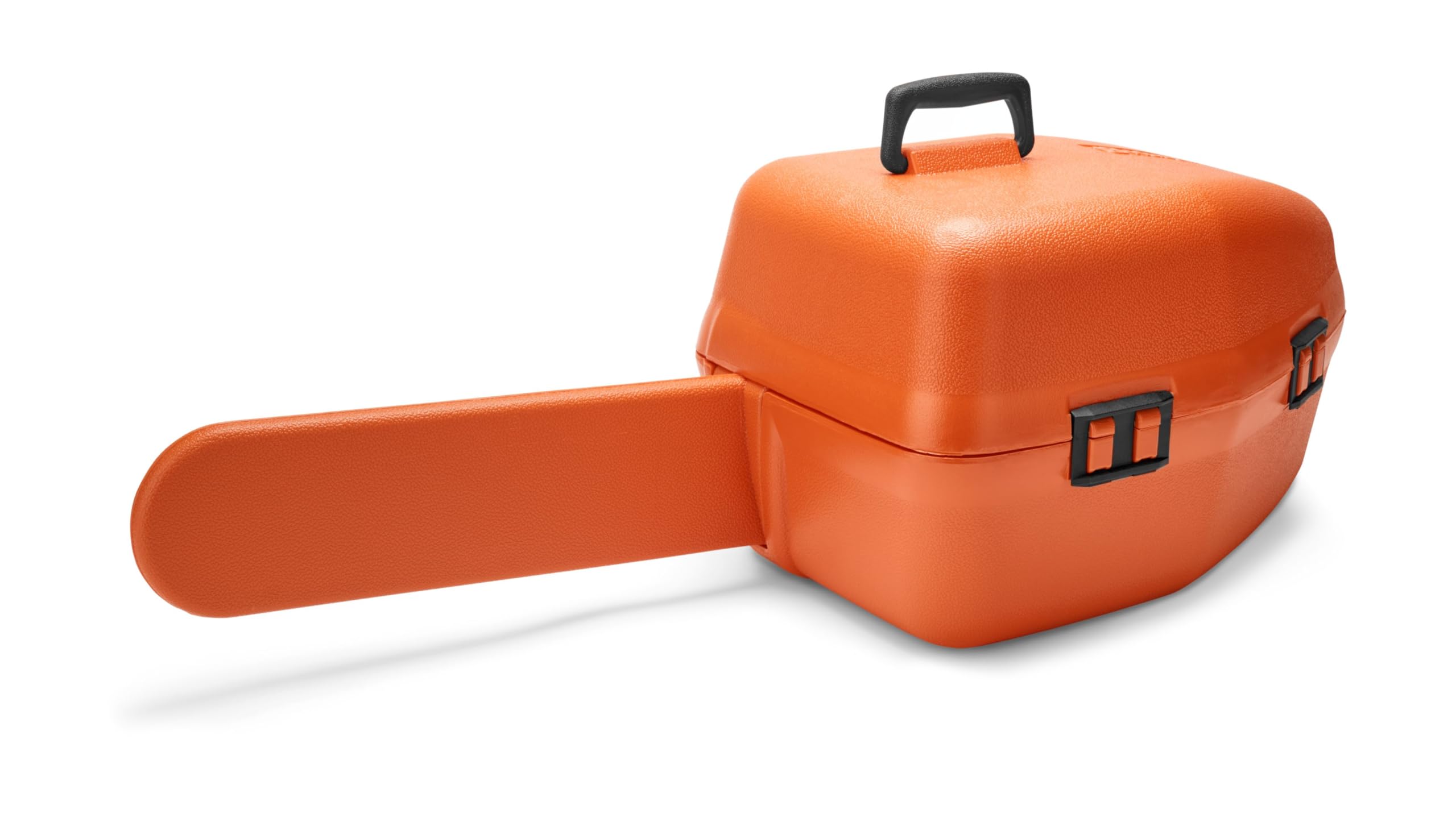 Husqvarna case front view showing orange double-wall shell and secure padlock tab for protection