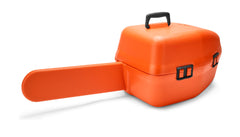 Husqvarna case front view showing orange double-wall shell and secure padlock tab for protection