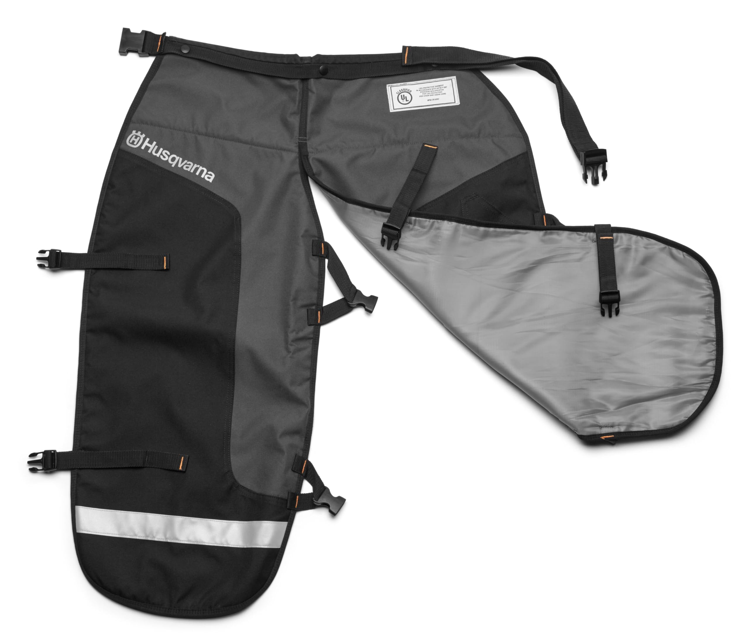 Close-up of Husqvarna Tek Warp protective layers showing cut-retardant texture benefit