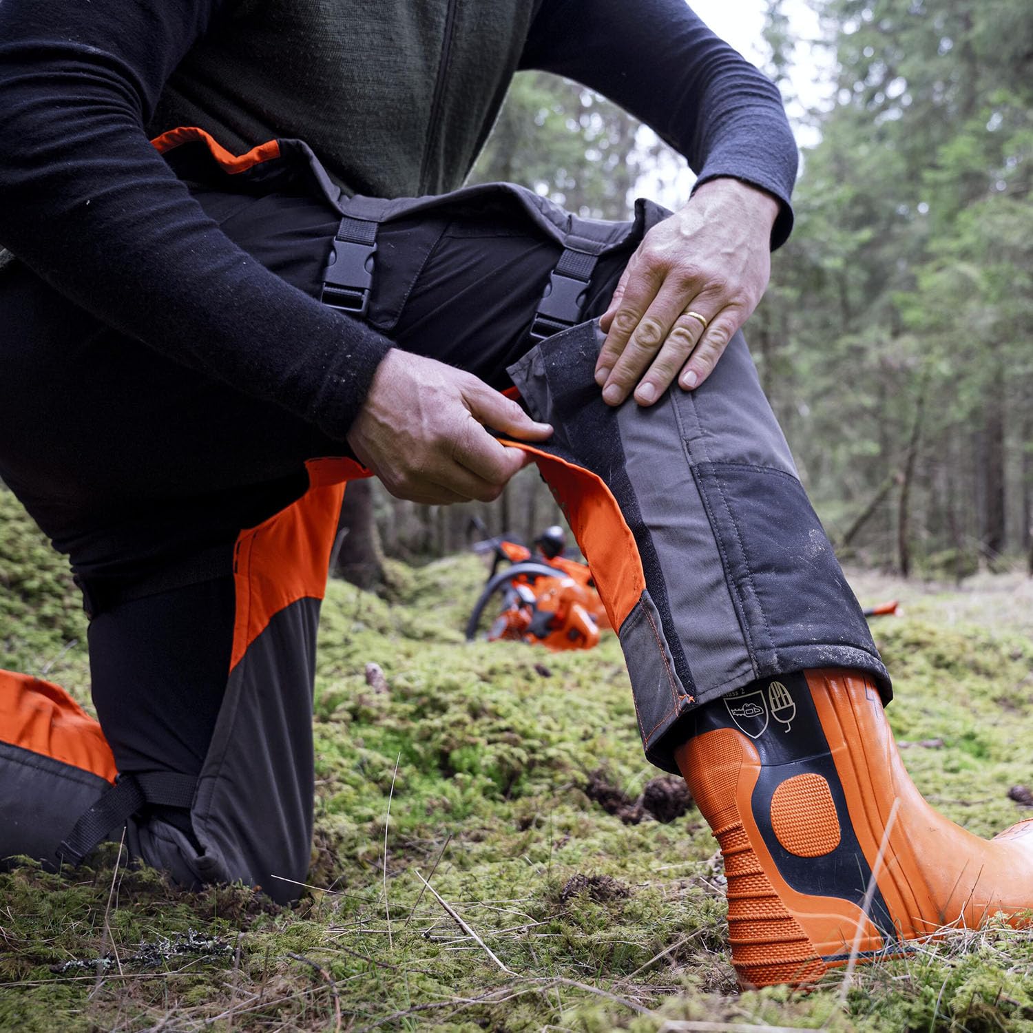 Detail of Husqvarna felling wedge pocket and Acetyl Delran buckles for on-site convenience