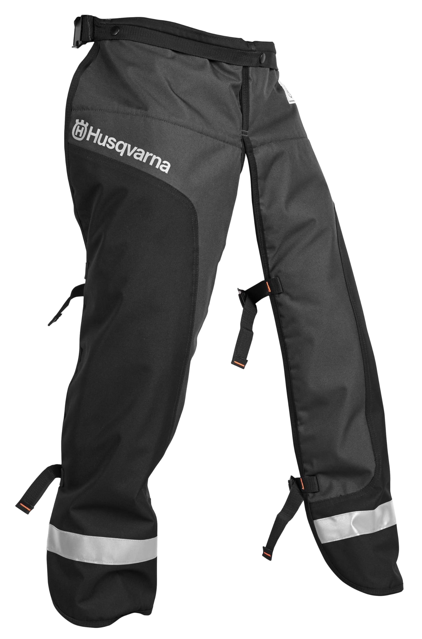 Husqvarna front apron chaps laid flat showing full coverage and durable finish for safety