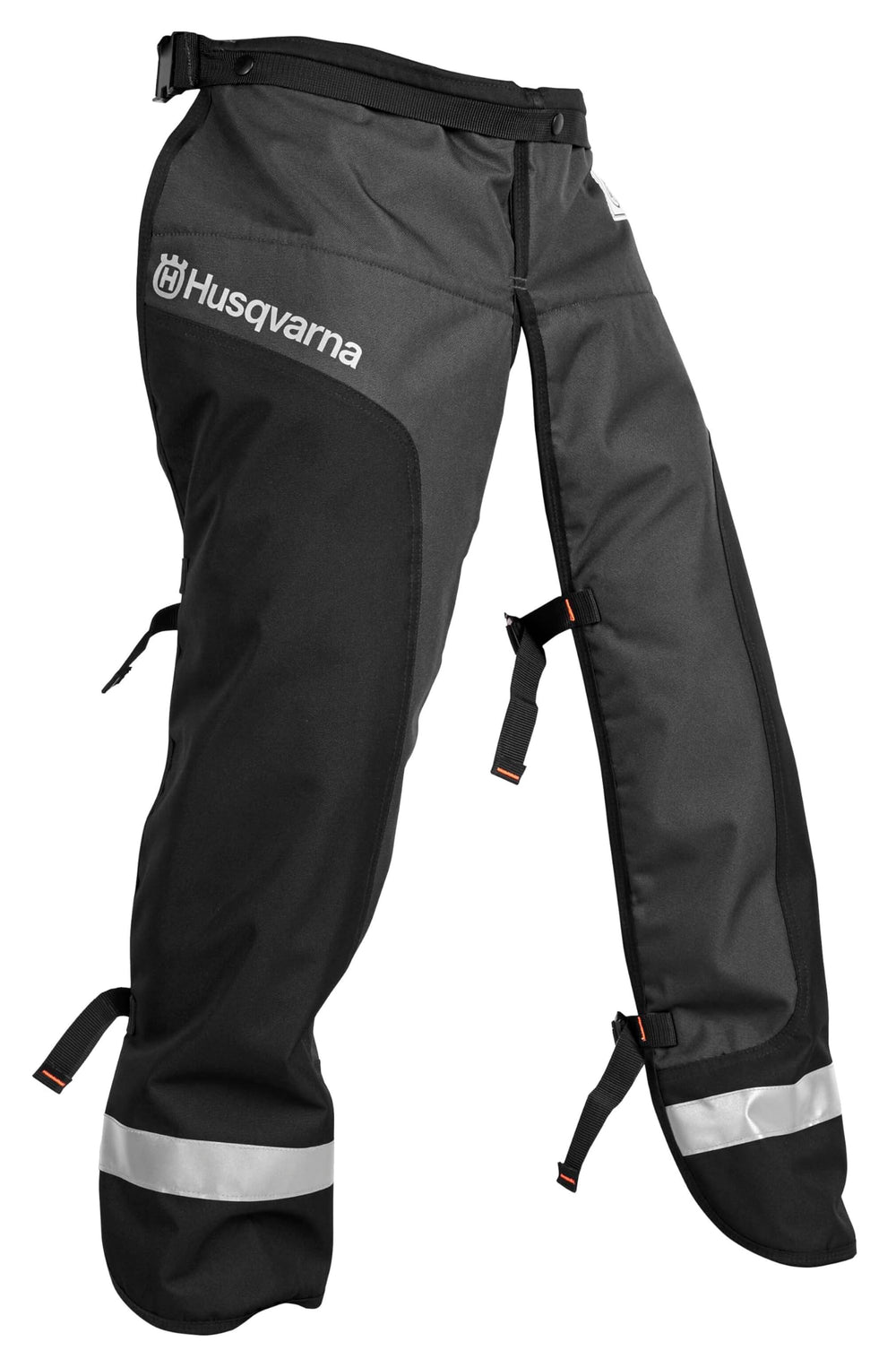 Husqvarna front apron chaps laid flat showing full coverage and durable finish for safety