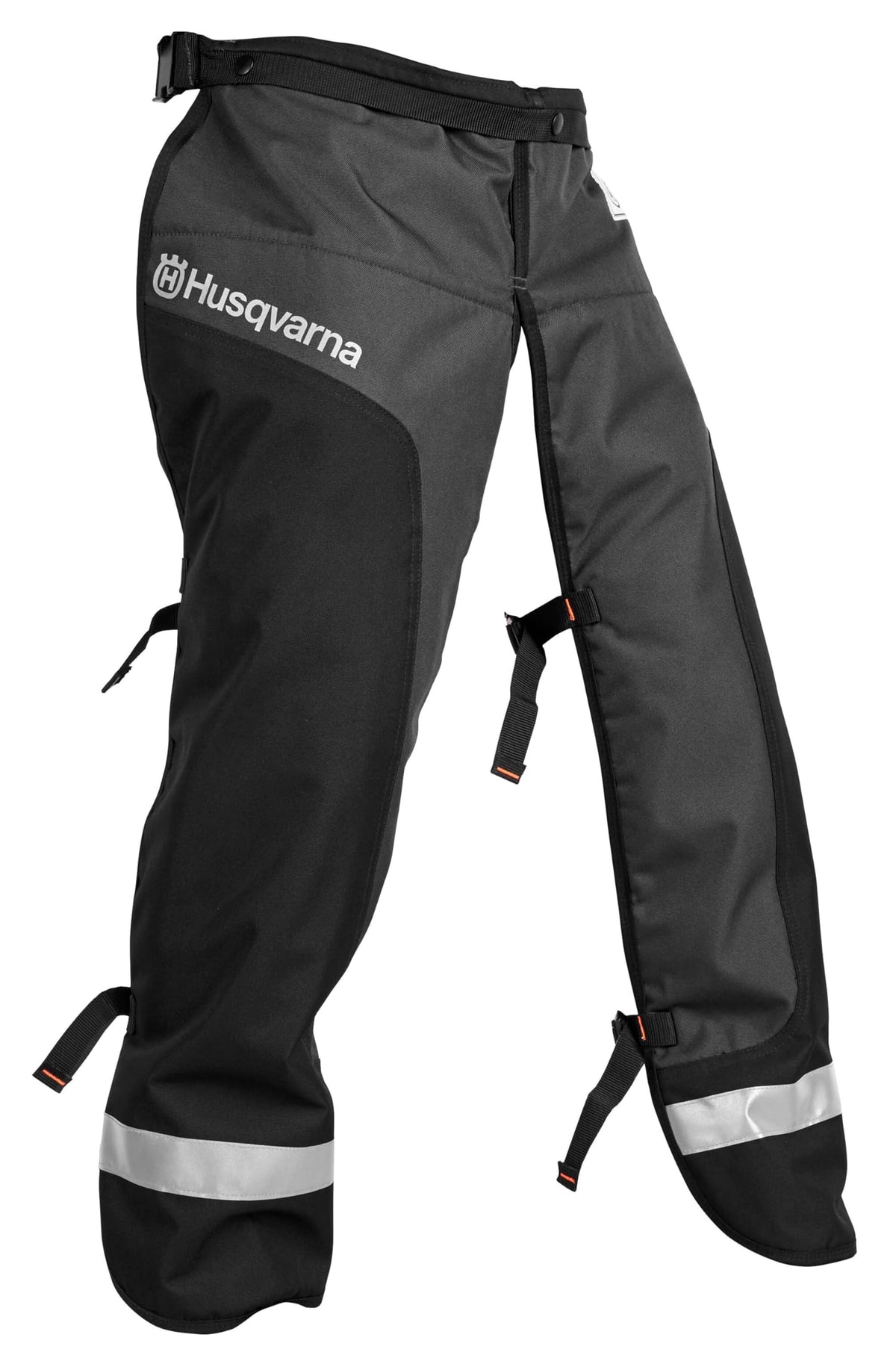 Husqvarna front apron chaps laid flat showing full coverage and durable finish for safety