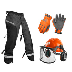 Husqvarna front package kit showing included chaps helmet gloves for ready protection