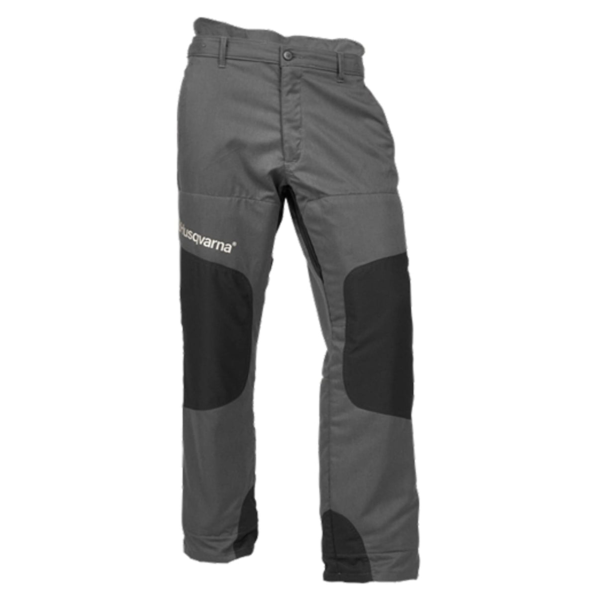 Husqvarna front view pants showing protective panels and durable fabric for safety