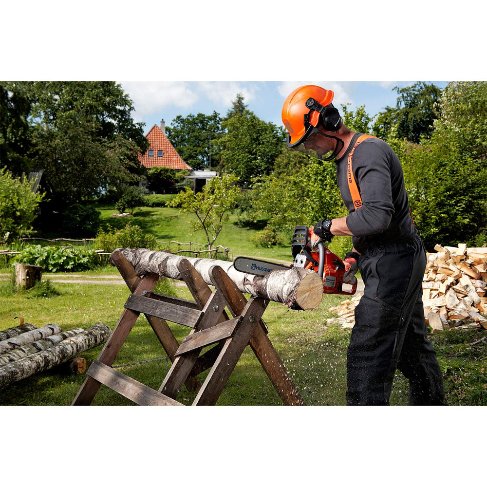Husqvarna full kit layflat showing chaps helmet gloves as a complete PPE set