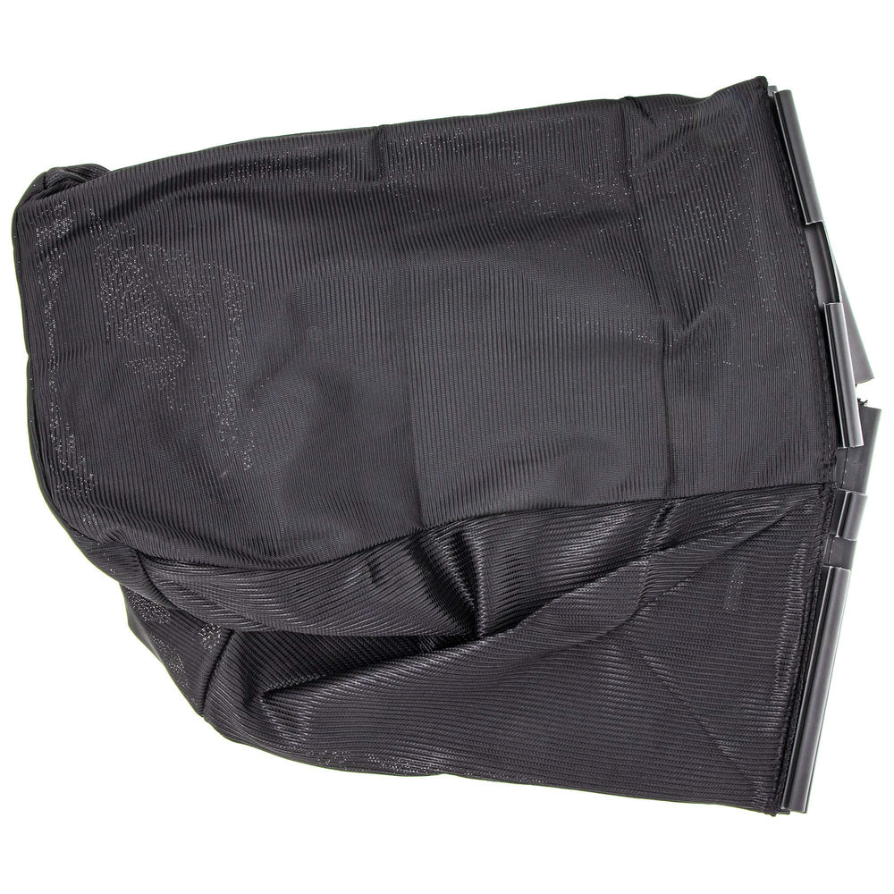 Husqvarna front view of grass catcher bag showing secure fit and tidy clipping collection