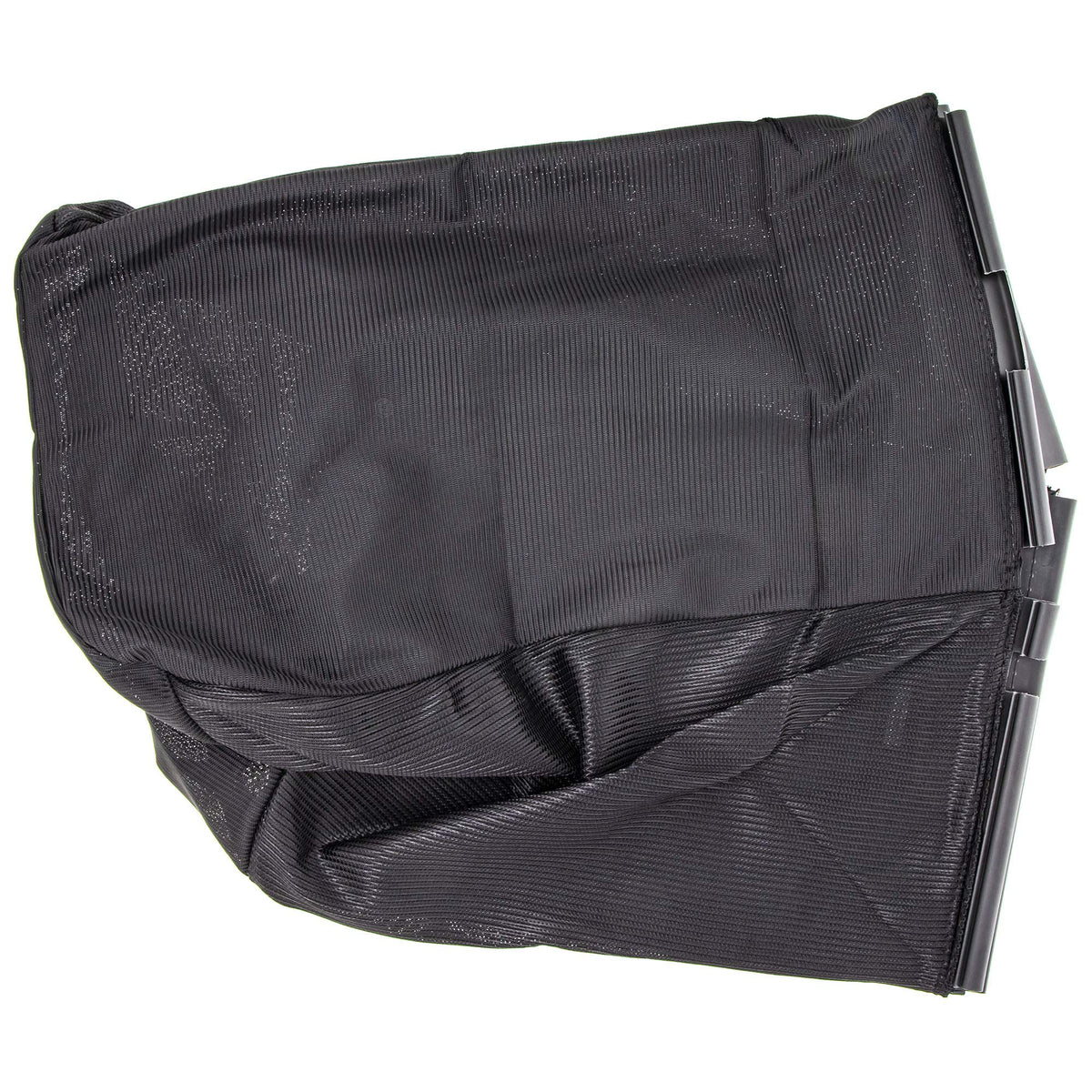 Husqvarna front view of grass catcher bag showing secure fit and tidy clipping collection