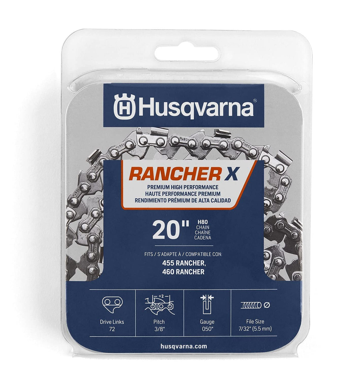 Husqvarna H‑80 front packaging showing 20 inch chain and model information benefits easy replacement