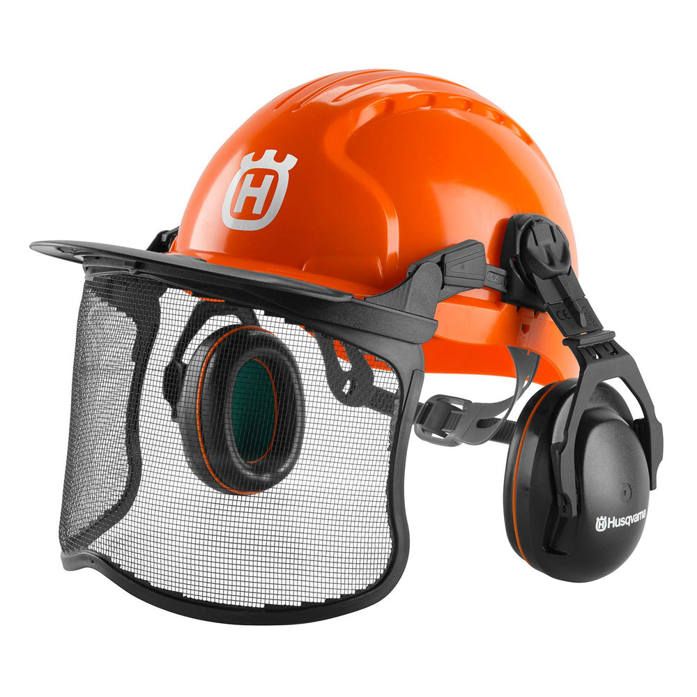 Husqvarna front view of orange helmet showing full-face protection and secure fit