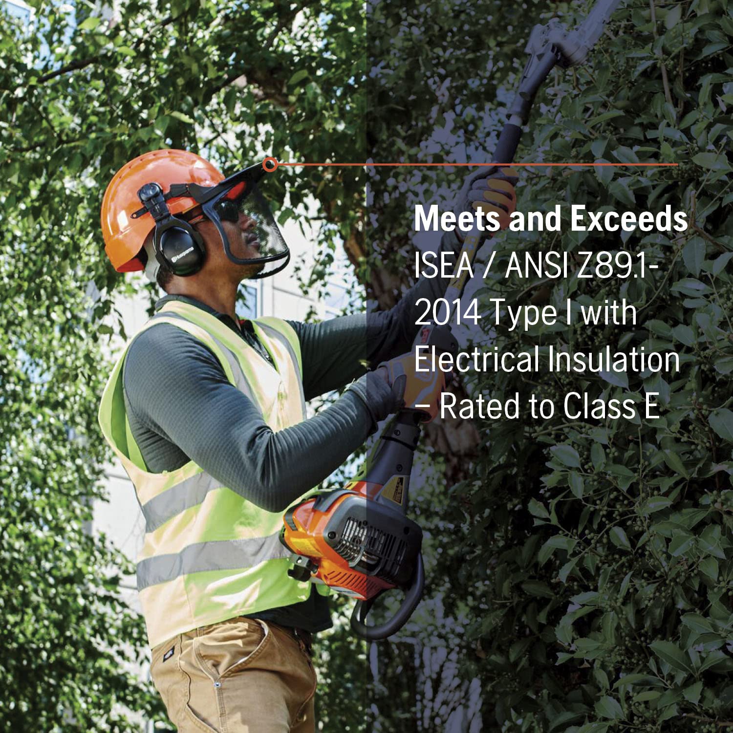 Husqvarna helmet worn by worker in forest showing practical jobsite protection