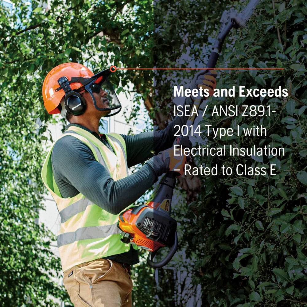 Husqvarna helmet worn by worker in forest showing practical jobsite protection