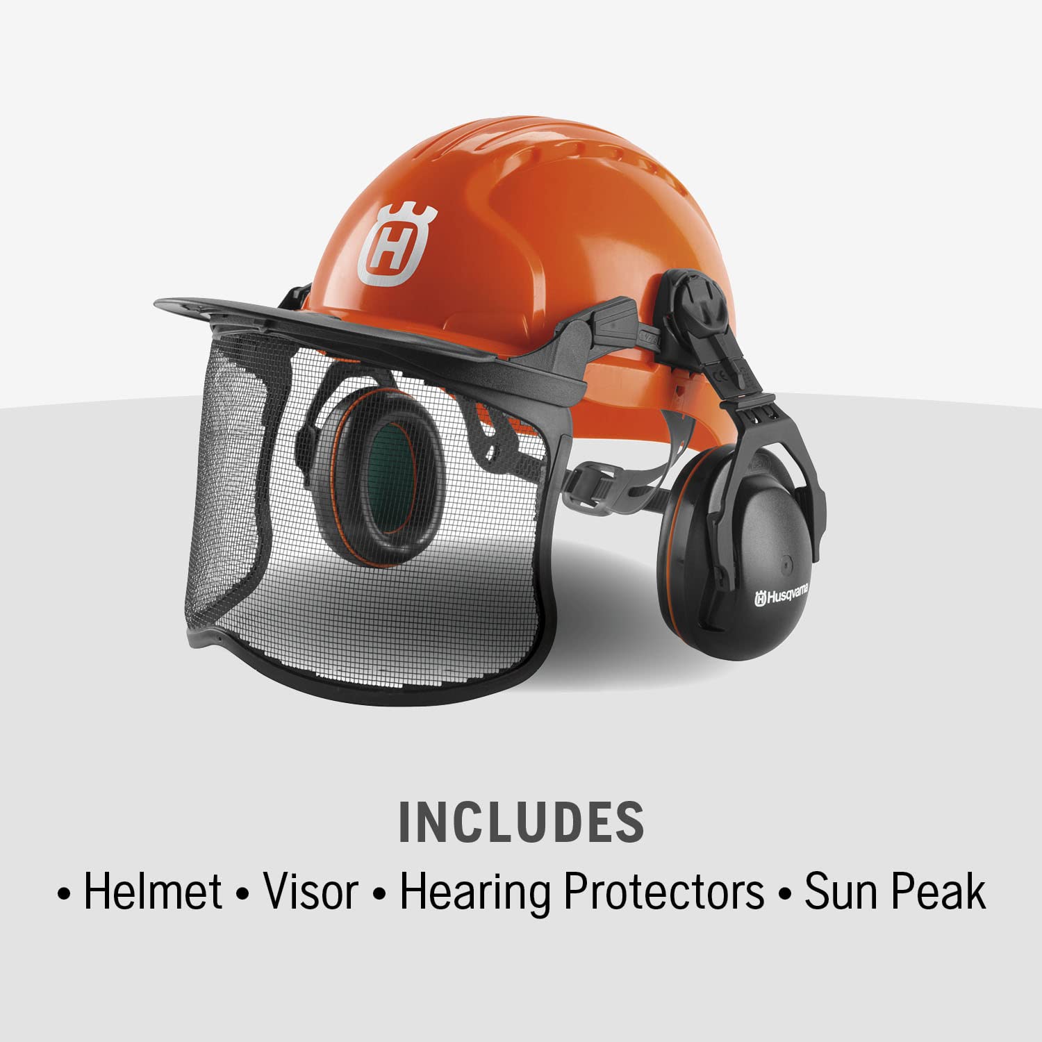 Husqvarna close-up of metal mesh visor showing clear debris protection benefit