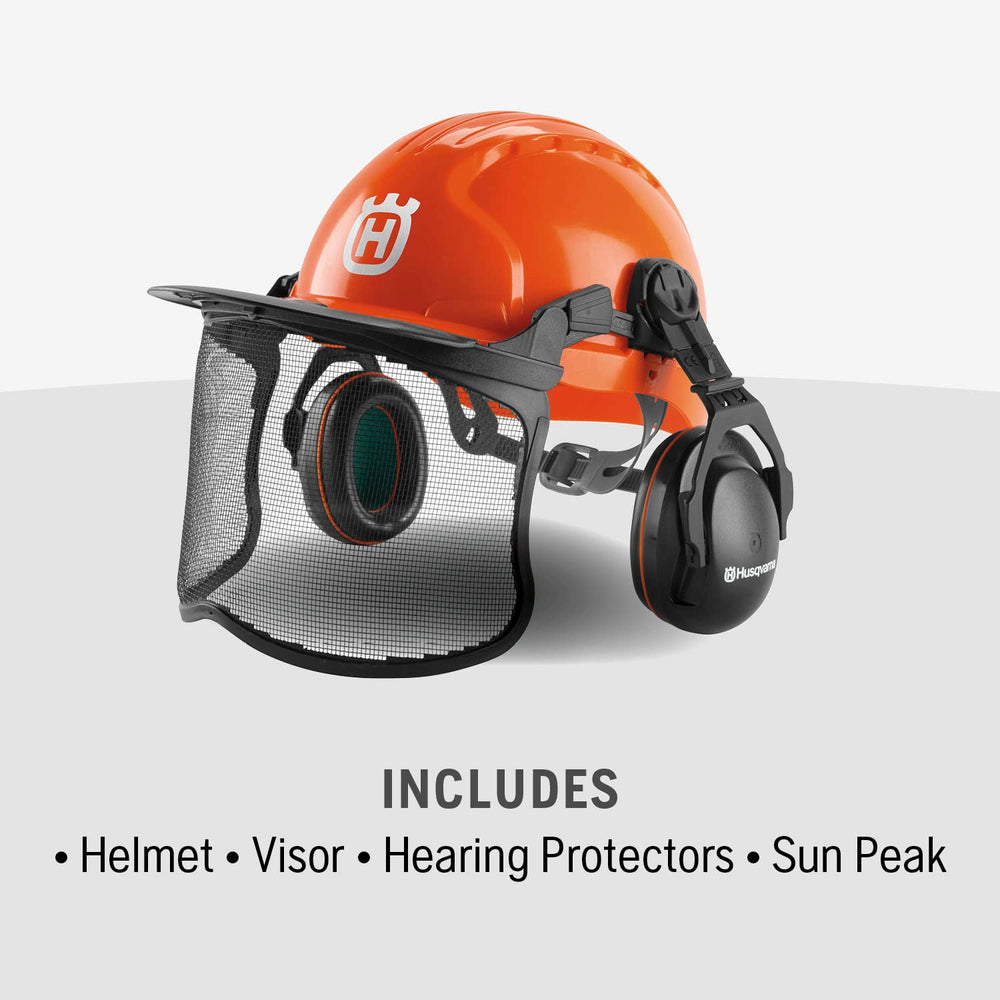 Husqvarna close-up of metal mesh visor showing clear debris protection benefit